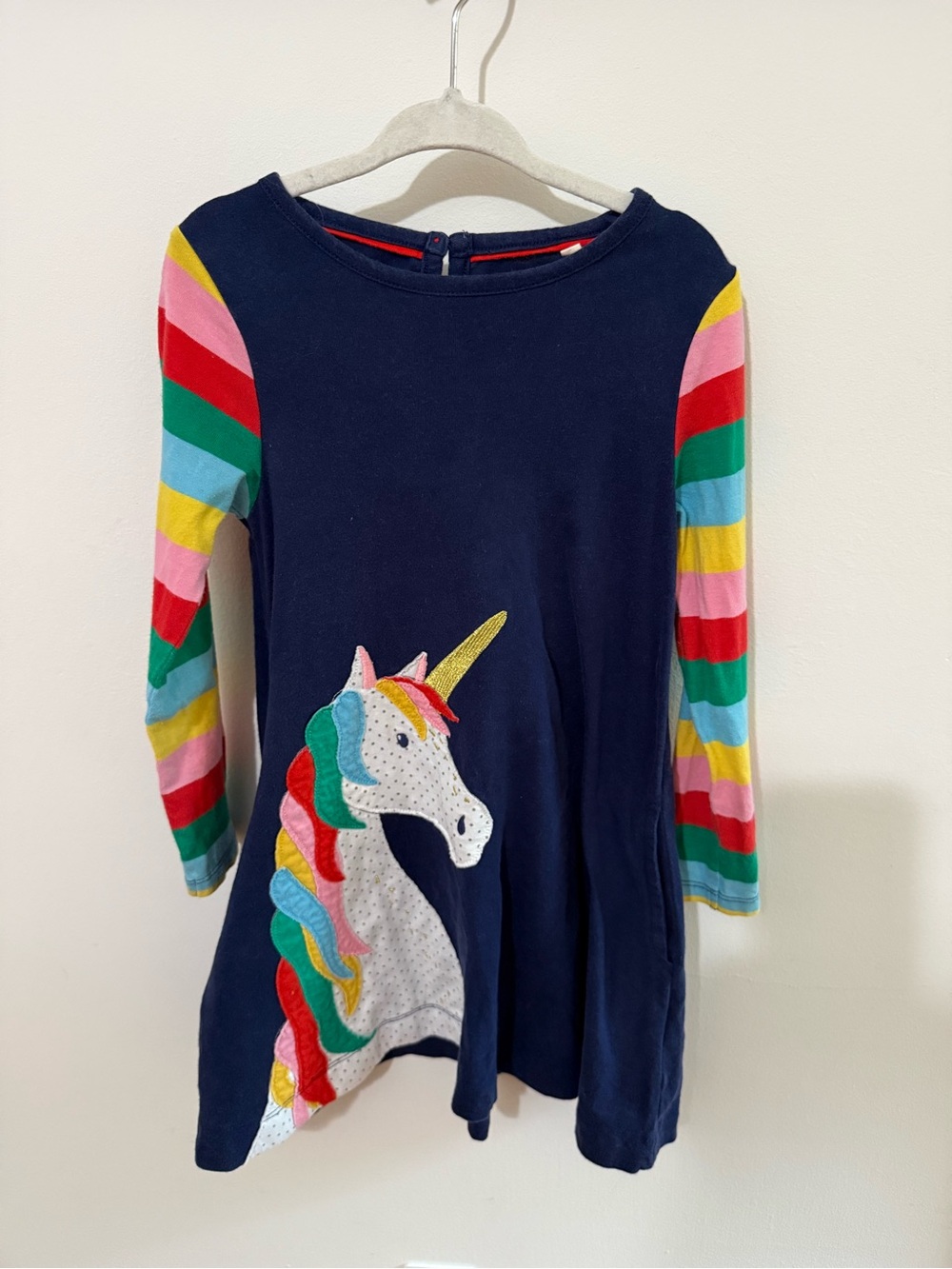 Mini Boden Navy Dress with Rainbow Unicorn and Striped Sleeves